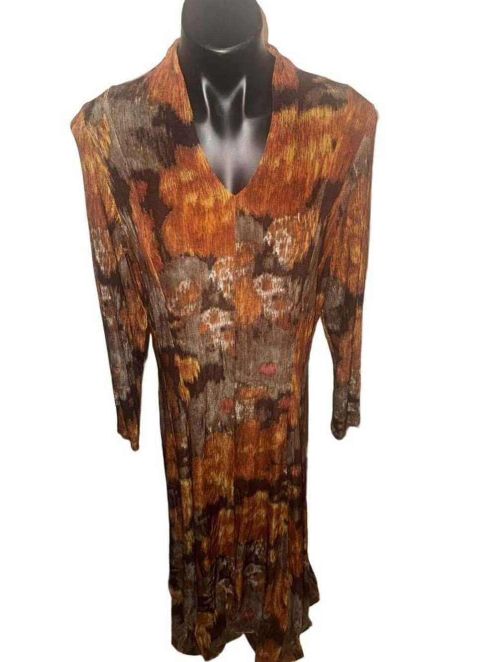 Coldwater Creek Long Sleeve V-Neck Pleated Maxi Dress Brown Orange